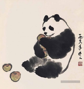 Wu Zuoren Panda et fruits ancienne Chine à l’encre Peinture à l'huile